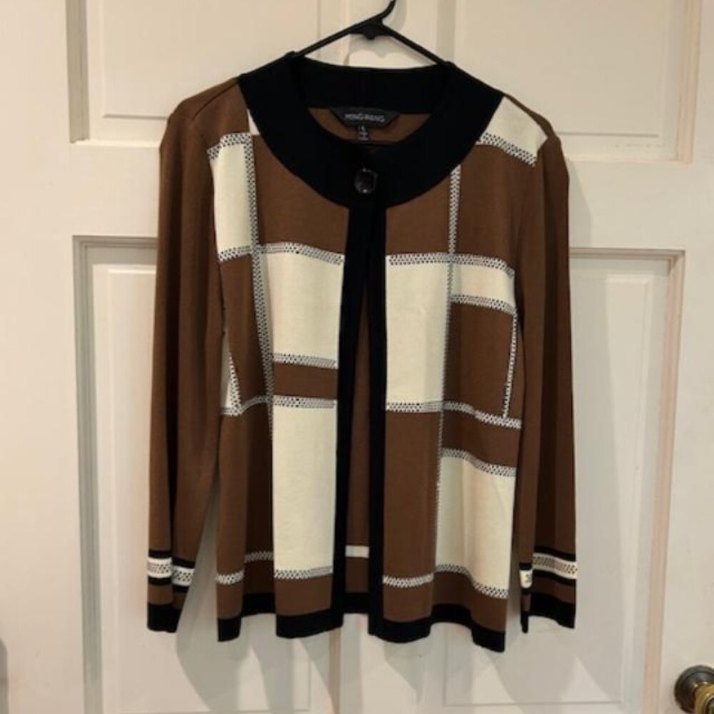 Ming Wang Women’s Cardigan Color Block Brown Ivory Black Rhinestone Size L